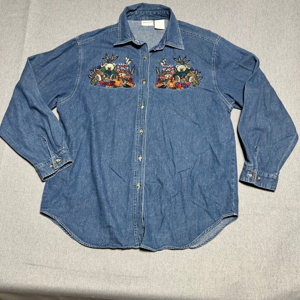 Bobbie Brooks Denim Teddy Bear Shirt L Blue Vintage Fall Cottagecore Grandmacore